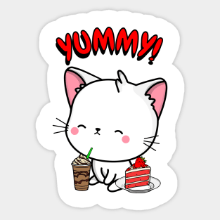 Cute white cat is having coffee and cake Sticker